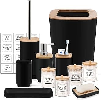 Black Bathroom Set,11Pcs Bathroom Gift Set,4 Qtip Holder Dispenser,Soap Dispenser,Soap Dish,Tray,Toilet Brush Holder,Trash Can,Toothbrush Holder and Cup for Bathroom