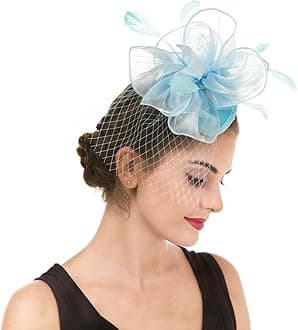 HaojingFascinator Hat Feather Mesh Net Veil Party Hat Ascot Hats Flower Derby Hat with Clip and Hairband for Women…