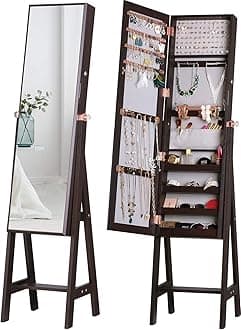 LUXFURNILUXFURNI Jewelry Armoire Standing Full-Length Mirror Makeup Lockable Cabinet, Large Cosmetic Storage Organizer Wall/Door-Hanging (Brown)