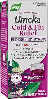 Umcka Cold & Flu Relief Elderberry Syrup, Non-Drowsy Homeopathic Cold and Flu* Relief for Sore Throat, Cough, Congestion, Fever*, Body Aches*, Berry Flavored, 4 Fl Oz (Packaging May Vary)