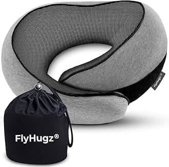 FlyHugz™ Neck Travel Pillow | Memory Foam Neck Pillow for Comfort on Airplane | Compact and Ergonomic Design for Travel, Car Rides, and Home Use | Ideal for Adults and Kids (Gray)