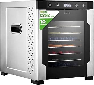 NutriChef Electric Countertop Food Dehydrator -900-Watt Premium Multi-Tier Meat Beef Jerky Maker Fruit/Vegetable Dryer w/10 Shelf Stainless Steel Trays,Digital Timer,Temperature Control-NCFD10S