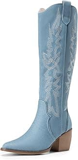 DREAM PAIRS Womens Cowboy Boots Wide Calf Comfortable Pull On Zipper Chunky Heel Pointed Toe Embroidered Western Cowgirl Knee High Boots Ladies Retro Tall Boot