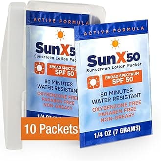 CoreTex Sun X 50 SPF Individual Sunscreen Packets Travel Size (10ct. with Carrying Case) - Free of Parabens, Oxybenzone, Octinoxate - Broad Spectrum (UVA/UVB) Sunscreen - Water Resistant up to 80 Min.
