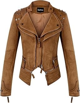 chouyatou Women's Fashion Studded Perfectly Shaping Faux Leather Biker Jacket