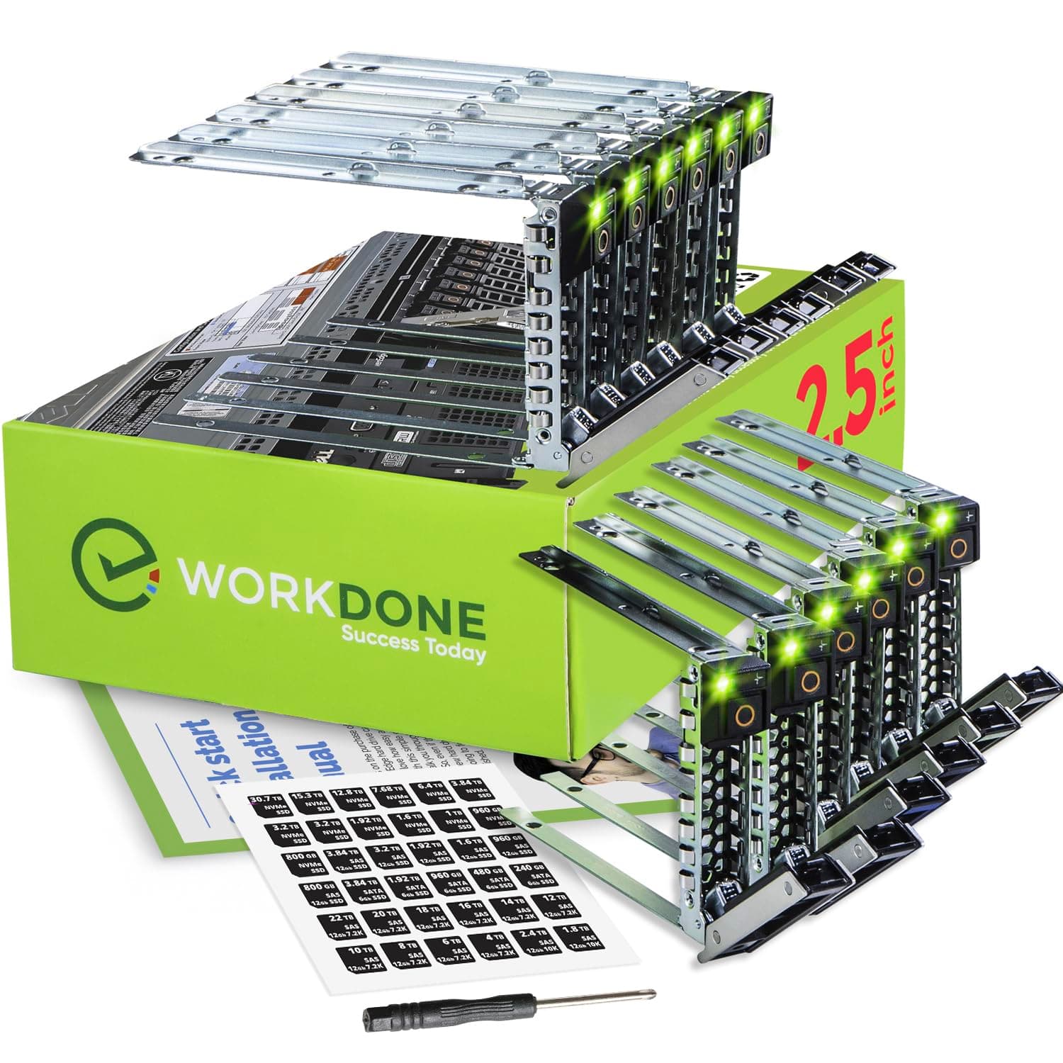 WORKDONE 12-Pack 2.5" Drive Caddy - Compatible for Dell PowerEdge Servers - 14th Gen R440 R640 R740 R740xd R840 R940 R6415 R750xs XE8545 XC - Sticker Labels - Bright LED Tray - Setup Manual