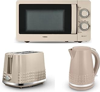 Tower Solitaire Latte 1.5L 3KW Jug Kettle, 2 Slice Toaster & T24042MSH 800W 20L Microwave. Matching Modern Design Kitchen Set in Latte with Chrome Accents