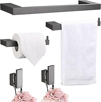 – Hoomtaook Bathroom Hardware Set, Grey Aluminium 5-Piece Kit: Towel Rail, Toilet Paper Holder, Wall Hooks