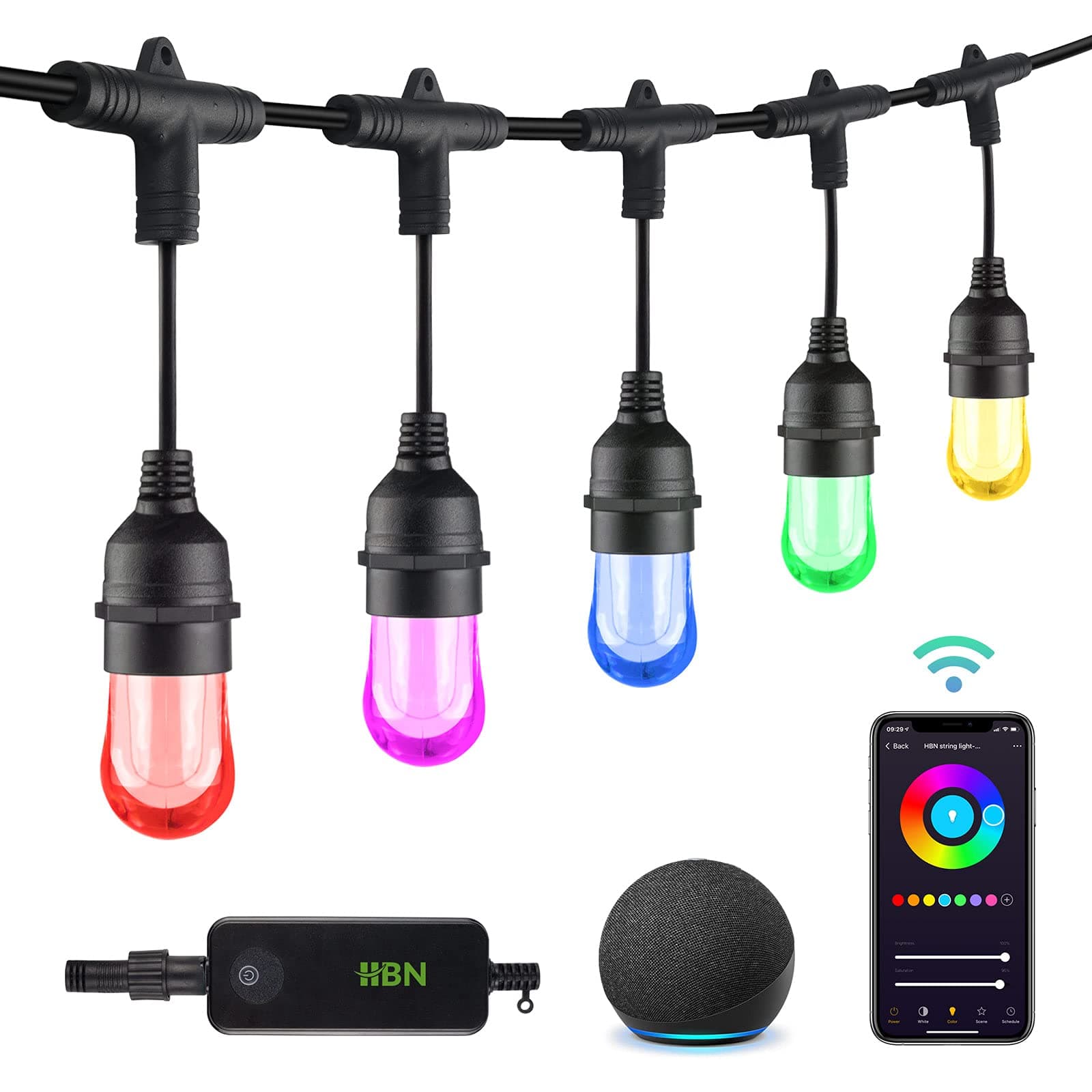 HBN Smart Color-Changing Outdoor String Lights - 24ft, LED, Flat, 2.4 Ghz WiFi Needed-Compatible with Alexa, Google Assistant, iOS and Android (Tuya Smart App Needed) No Smart Hub Required