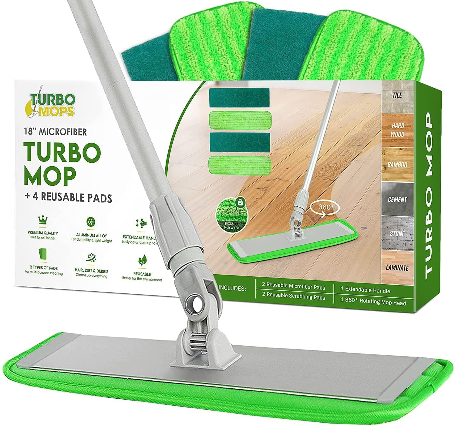 Mop Floor Cleaning System - 18-inch Dust Mop with 4 Reusable Pads for Hardwood and Tile, 360-Spin Floor Mop Head & Extendable Handle - Household Cleaning Tools