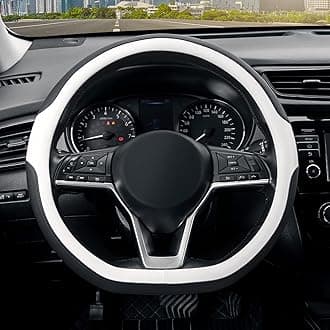 Flat Bottom Steering Wheel Cover, D Shaped Car Wheel Cover 14 1/2-15 in. (37-39 cm), Black White Microfiber Leather