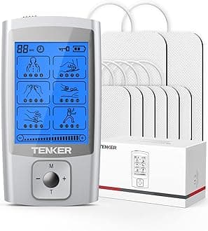 TENKER TENS Unit Muscle Stimulator, 24 Modes EMS Machine for Pain Relief Therapy/Pain Management, Rechargeable Electronic Pulse Massager with 2"x2" and 2"x4" Electrode Pads (Silver)