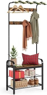 HSR40B Coat Rack with Shoe Bench 4 in 1 Design 9 Removable Hooks Clothes Rail Entryway Hallway 33.7 x 77 x 183 cm Industrial Design Vintage Brown/Black