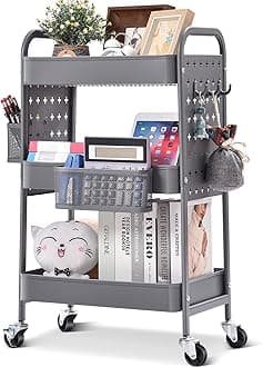 TOOLF 3-Tier Rolling cart, Utility Storage Cart with DIY Dual Pegboards, Art Craft Trolley with Removable Baskets Hooks, Organizer Serving Cart Easy Assemble for Office, Home, Kitchen, Hospital,Grey