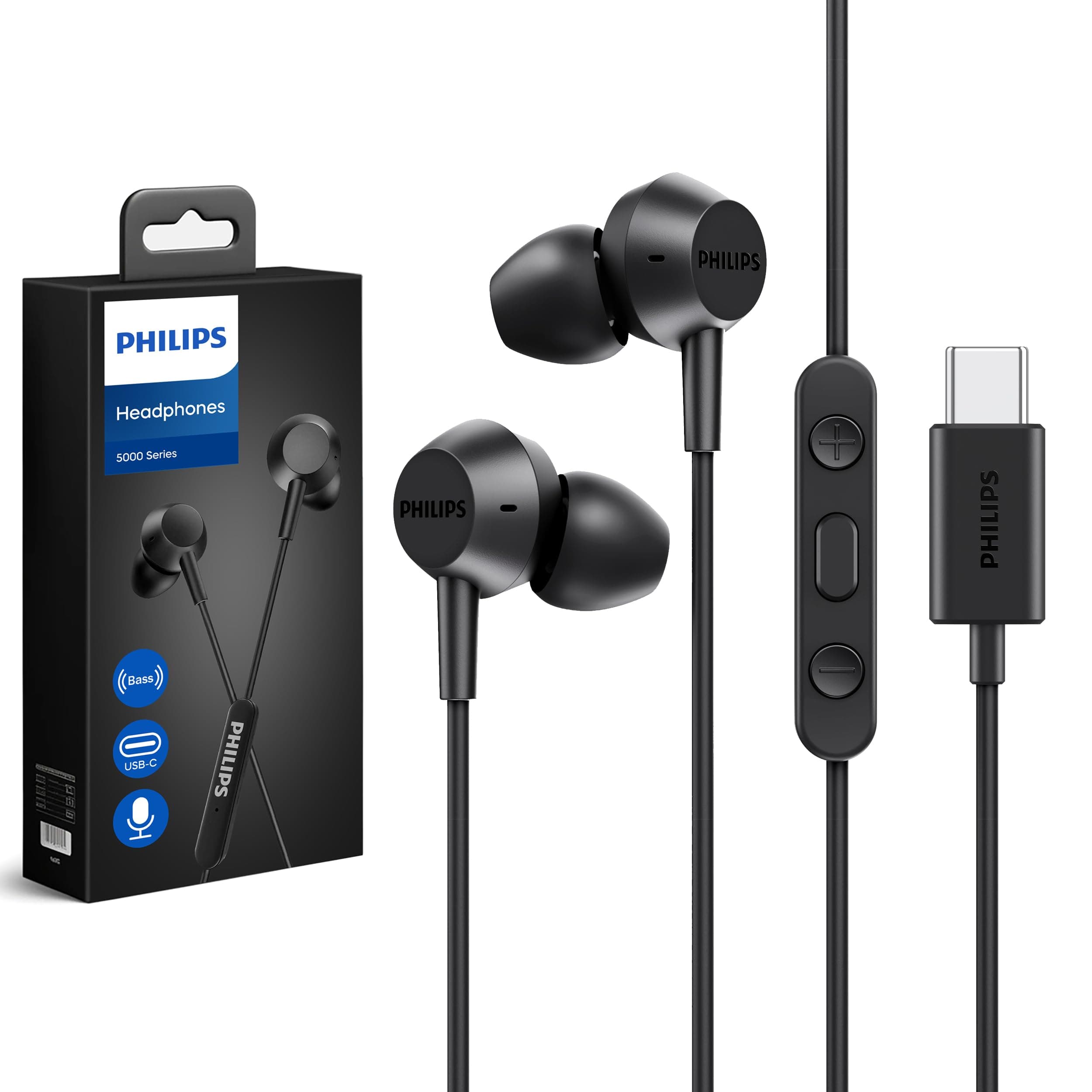 Philips USB C Earbuds Wired with Microphone, in Ear Type C Headphones with mic, Powerful Bass, Lightweight, USB-C Wired Earphones, 3-Button in-line Remote Ear Buds (Black)