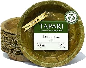 TAPARI Large Disposable Leaf Plates - 20 Pack - 23cm Diameter - 800ml - Natural & Eco-Friendly - 100% Compostable & Biodegradable - for Hot & Cold Food - Sal Leaf