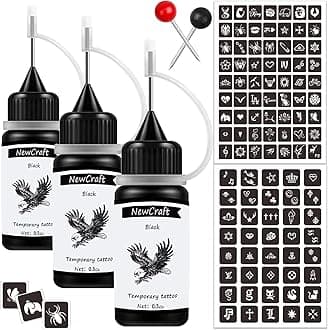 3 Packs Black Temporary Tattoo Ink and Stencils for Adults Teens, Temporary Tattoo Kit Skin Friendly