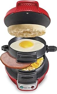 Hamilton Beach Breakfast Sandwich Maker with Egg Cooker Ring, Customize Ingredients, Perfect for English Muffins, Croissants, Mini Waffles, Perfect White Elephant Gifts, Red (25476)