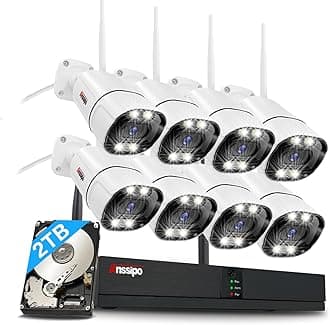 4K Home Security Camera System Wireless, 8pcs Plug-in WiFi Camera Outdoor Indoor for 24/7 Recording, 2 Way Audio, Color Night Vision, Human Detection, Dual Warning 8 Channel WiFi NVR, 2TB Hard Drive