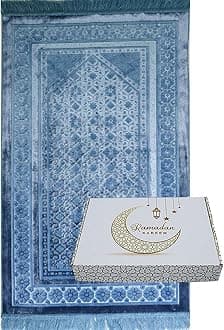 Modefa Velvet Islamic Prayer Rug with Prayer Beads Ramadan Eid Luxury Gift Box Set (Steel Blue)