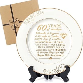 Urllinz 60th Anniversaty Plate with 24k Gold Foil - 60 Year Diamond Anniversary Wedding Gifts for Parents Couple Grandparents, Ceramic 9"