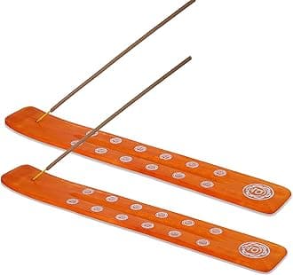 Bless-International Traditional-Handmade-Burner Wooden-Incense-Stick-Holder Ash-Catcher-Stand for-Aromatherapy-Meditation-Yoga (Orange, The Energy) 10 Inches, Pack of 2