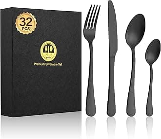 BEWOS 32-Piece Stainless Steel Cutlery Set, Matt Black Knives and Forks Set, Service for 8, Spoon and Fork Set with Gift Box, Tableware Flatware Set with Fork and Spoon Set, Dishwasher Safe
