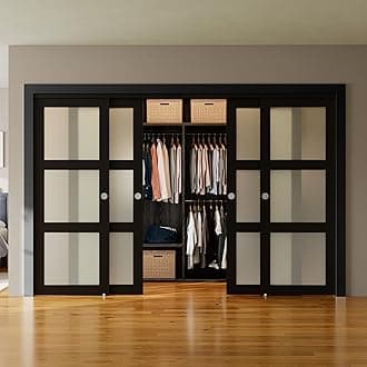 SMARTSTANDARD Bypass Sliding Closet Doors 128x80 in (Double 64in) for Bedroom, 3-Lite Frosted Glass Bypass Door with Hardware Kit Included, Preassembled Door Panel, Water-Proof PVC Surface, Black