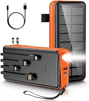 Portable Charger with Built in Cable and Wall Plug 30000mAh 22.5W Fast Charging Solar Power Bank with 5 Output & 2 Input Dual LED Flashlights Phone Holder External Battery Pack (Orange)