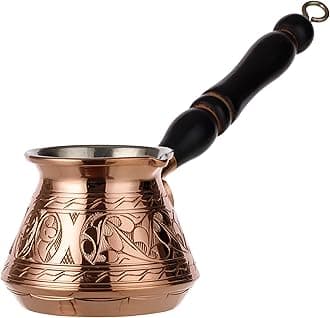 DEMMEX Thick Copper Turkish Greek Arabic Coffee Pot 250 ml, Traditional Hand Engraved Cezve Ibrik Briki with Wooden Handle & Spoon, Handmade in Turkey (Engraved)
