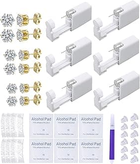 Ear Piercing Kit Disposable Ear Cartilage Piercing Gun Kit with Gold Crown CZ Studs Easy and Safe Earring Self for Yourself Use at Home (Gold Crown Pattern 345mm)