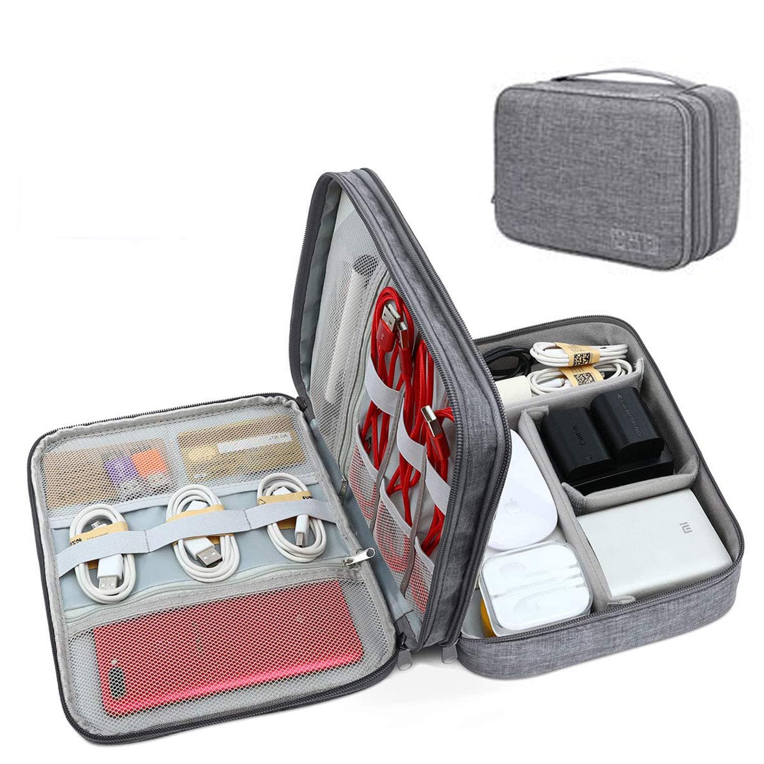 Electronic Organizer Travel Universal Organizer Storage Bag, Three Layer Polyester Waterproof Trave Accessorie Bag with 4 Removable Division Pocket for Pen, Camera, Gray