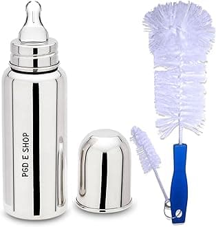 PGD Premium Stainless Steel Baby Feeding Bottle with Cleaning Brush for Milk/Water Feeding (Regular 300ml with Brushes)