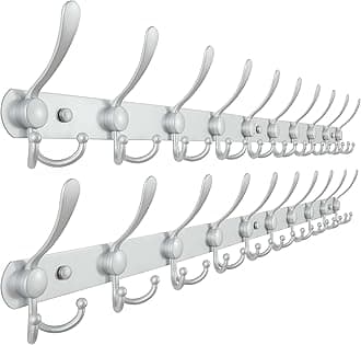 Dseap Coat Rack Wall Mount - 38” Long 10-Tri-Hooks Heavy Duty Coat Hanger Rail Wall Hooks for Hanging Coats Hats Clothing Clothes Purse Mudroom Entryway, Silver, Pack of 2