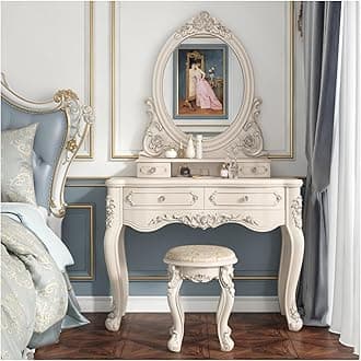 Makeup Vanity Set with Mirror & Cushioned Stool, Vintage Dressing Table with 4 Drawers, European Style Vanity Desk for Bedroom (Color : White+Silver, Size : 80x47x147cm)