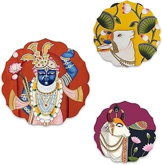 Artvibes Shrinath Ji & Cow Pichwai Art Round Shape MDF Wooden Wall Decor Items | Living Room | Handcrafted Art | Wall Poster | Aesthetic Wooden Decor | Art Print | Unique Gift (WH_8805N), Set of 3