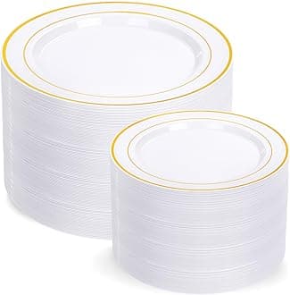I00000 200 Pcs Gold Plastic Plates - Disposable Party Plates Include 100 Dinner Plate and 100 Elegant Dessert Plate Perfect for Party, Holiday, Wedding & Birthday