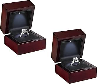 Allure - 2 Pack, Luxury Ring Box With LED Light, Authentic Mahogany Wood With Black Leatherette Insert, Square Elegant Diamond Ring Case For Unique Proposal Or Wedding, Small Jewelry Display Gift Box.