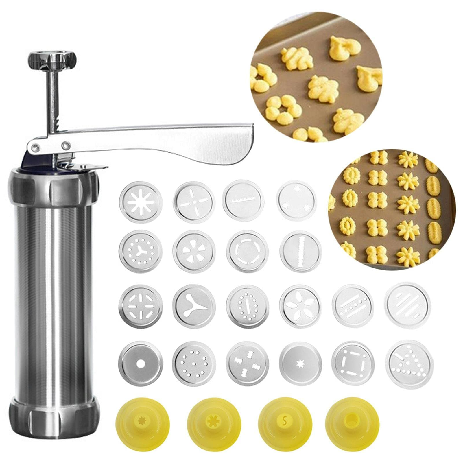 Kisbeibi 25pcs Press Set With 20 Cookie Discs and 4 Nozzles, Aluminum Alloy Biscuit Maker Tool for Home DIY and Decoration (Silver/Yellow)