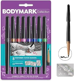 Bic BodyMark COLLECTION - Temporary Tattoo Markers, Cosmetic Quality for Use on Skin - 8 Assorted Colours and 3 Stencil Sheets - Let Your Imagination Run Wild by Creating Body Art - Pack of 8+3