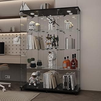 LFT HUIMEI2Y Glass Display Cabinet 12 Shelves with 3 Columns 2 Doors, LED Light, Mirror and Lock, Curio Cabinets Quick-Install Style Tempered Glass Bookshelf for Living Room, Kitchen Black