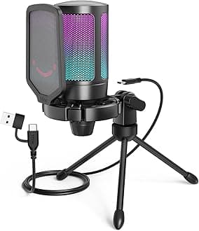 FIFINE Gaming USB Microphone for PC PS5, Condenser Mic with Quick Mute, RGB Indicator, Tripod Stand, Pop Filter, Shock Mount, Gain Control for Streaming Discord Twitch Podcasts Videos- AmpliGame