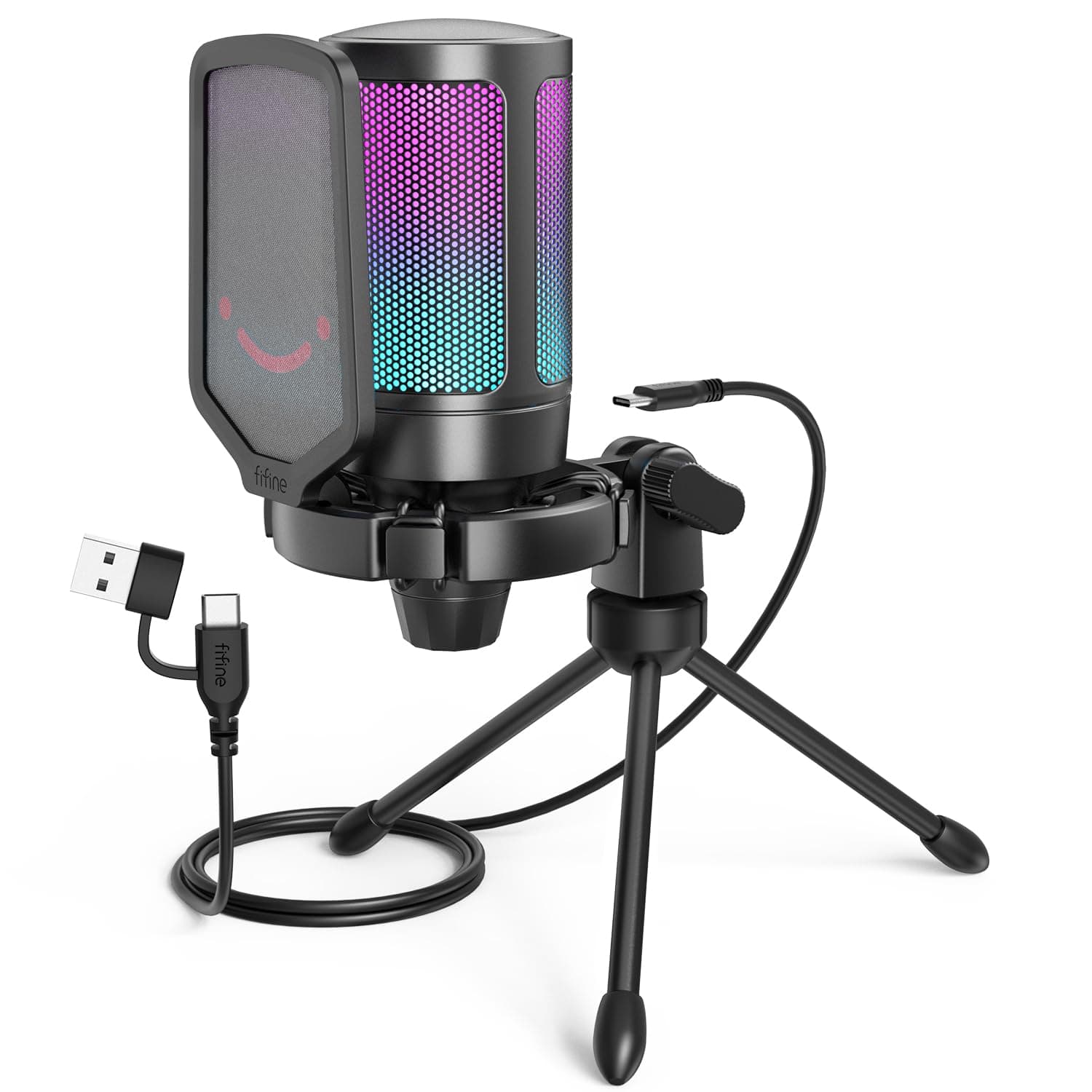 FIFINE Gaming USB Microphone for PC PS5, Condenser Mic with Quick Mute, RGB Indicator, Tripod Stand, Pop Filter, Shock Mount, Gain Control for Streaming Discord Twitch Podcasts Videos- AmpliGame