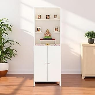 FURNEASER Anvika Engineered Wood Pooja Mandir for Home | Modern Design Temple for Home & Office | Puja Stand Shelf | Prayer Cabinet Shelf (White)