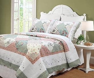 Cozy Line Home Fashions Floral Real Patchwork Green Peach Scalloped Edge Country 100% Cotton Quilt Bedding Set, Reversible Coverlet Bedspread (Celia, King - 3 Piece)