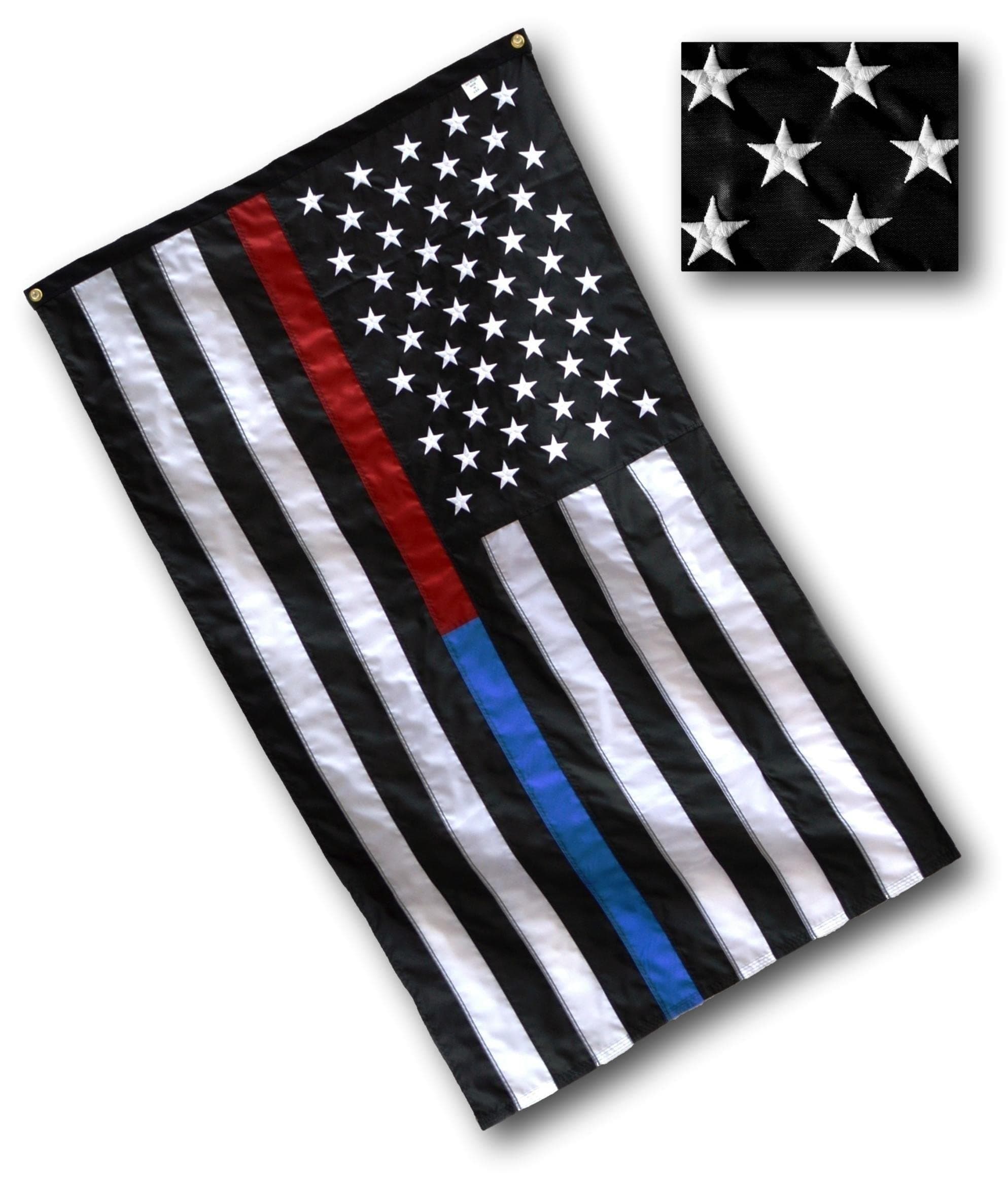 US Flag Factory3x5 FT Thin Blue Line and Thin Red Line Dual American Flag (Embroidered Stars, Sewn Stripes) for Police Officers, Firefighters, First Responders - Outdoor Nylon - Premium Quality