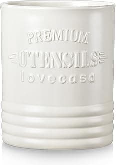 LOVECASA Vintage Utensil Holder for Kitchen Countertop, 7.2” Large Ceramic Utensil Crock for Home Décor, Farmhouse Utensil Vase for Housewarming, Wedding, Birthday Gift - Cream White
