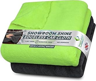 Towelogy® 520gsm Professional Microfibre Edgeless Car Cloths QUICK DRY for Auto/Moto Detailing Polishing Washing STREAK FREE & LINT FREE 40x40cm (Grey/Neon Green, Pack Of 2)