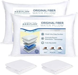 Mediflow Fiber Water Pillow - Adjustable Pillow for Neck Pain Relief, Pillow for Side, Back, and Stomach Sleepers, The Original Inventor of The Water Pillow (2 Pillows, 2 Pillow Protectors)