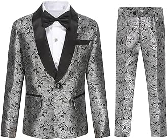 SWOTGdoby Boys Suit Formal Tuexdo Golden Jacquard Slim Fit 2 Pieces Suit Set Jacket Pants for Wedding Prom Party